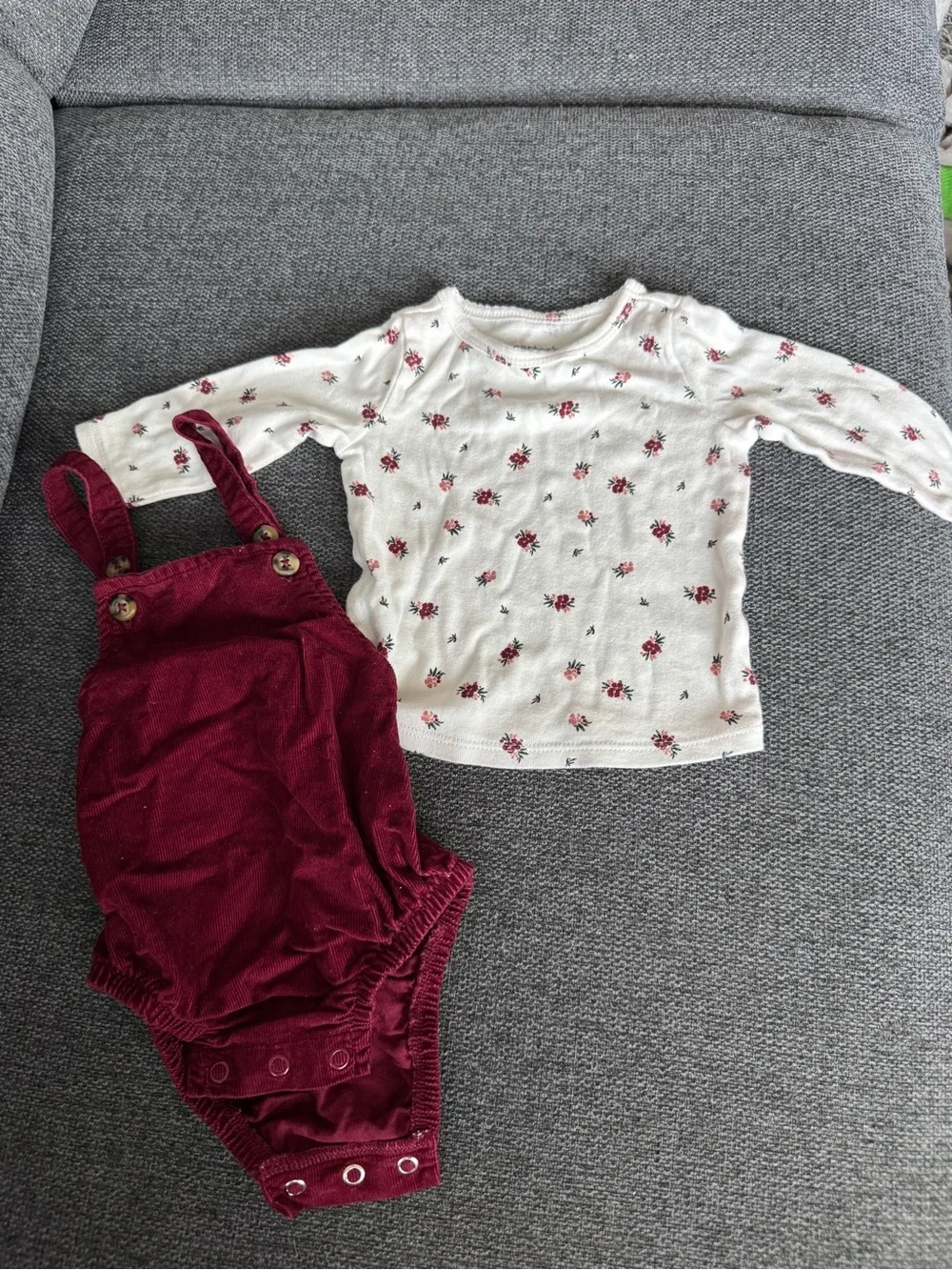 6M Carter's Burgundy Corduroy Romper with White Floral Bodysuit